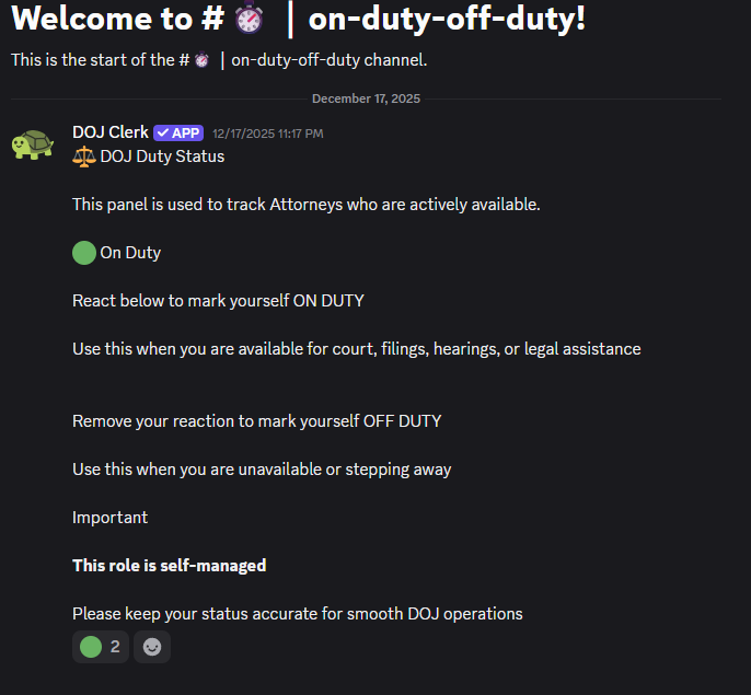Discord on-duty/off-duty panel screenshot